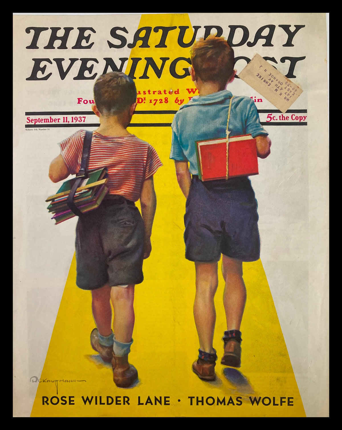 Cover of The Saturday Evening Post from September 11, 1937, featuring two boys walking down a yellow path, showcasing vintage art by Rose Wilder Lane.