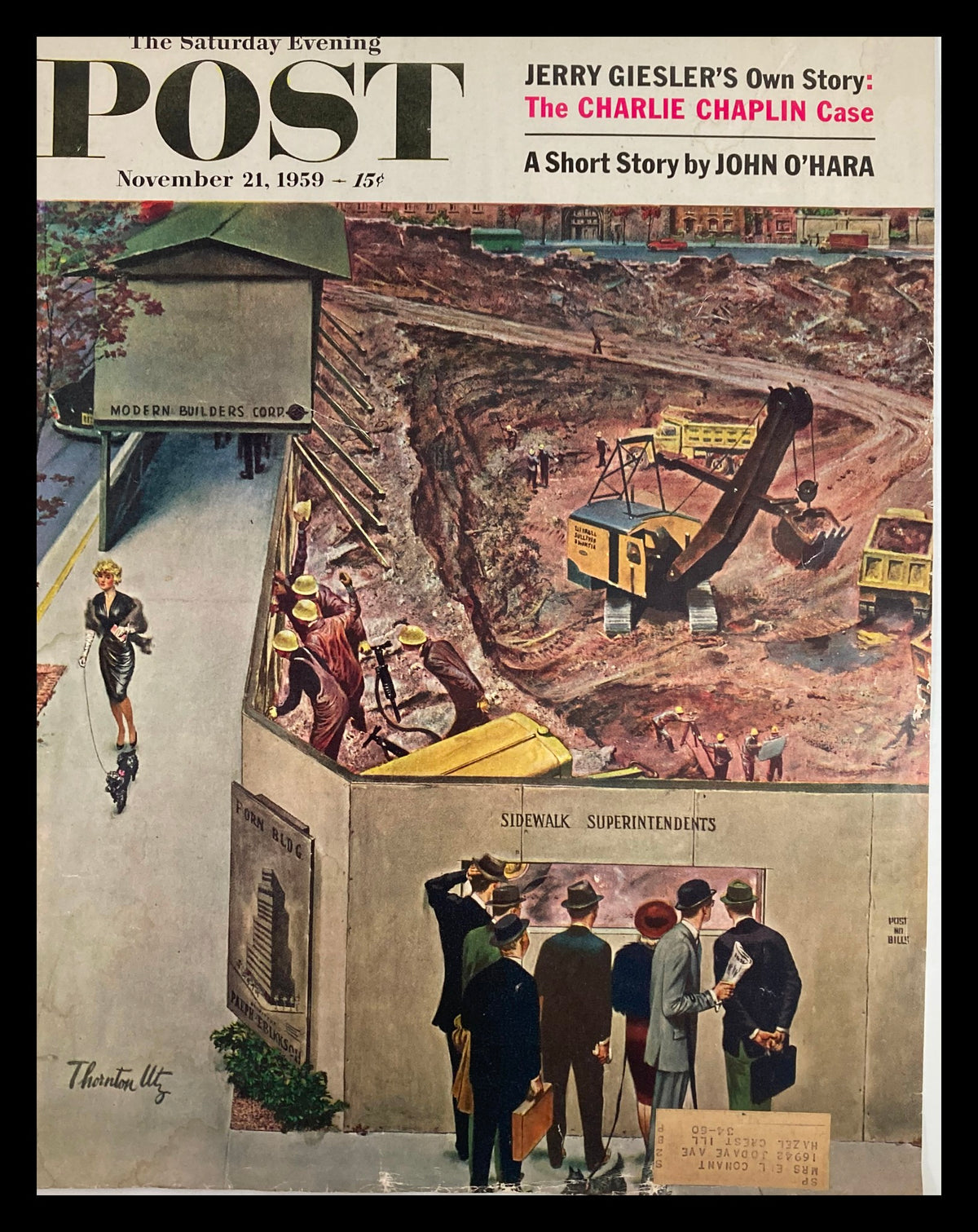 Cover of The Saturday Evening Post dated November 21, 1959, featuring the Charlie Chaplin Case, illustrated by Thornton Utz. The cover displays a scene of men in suits observing a construction site, with various machinery and a stylish woman walking a dog.