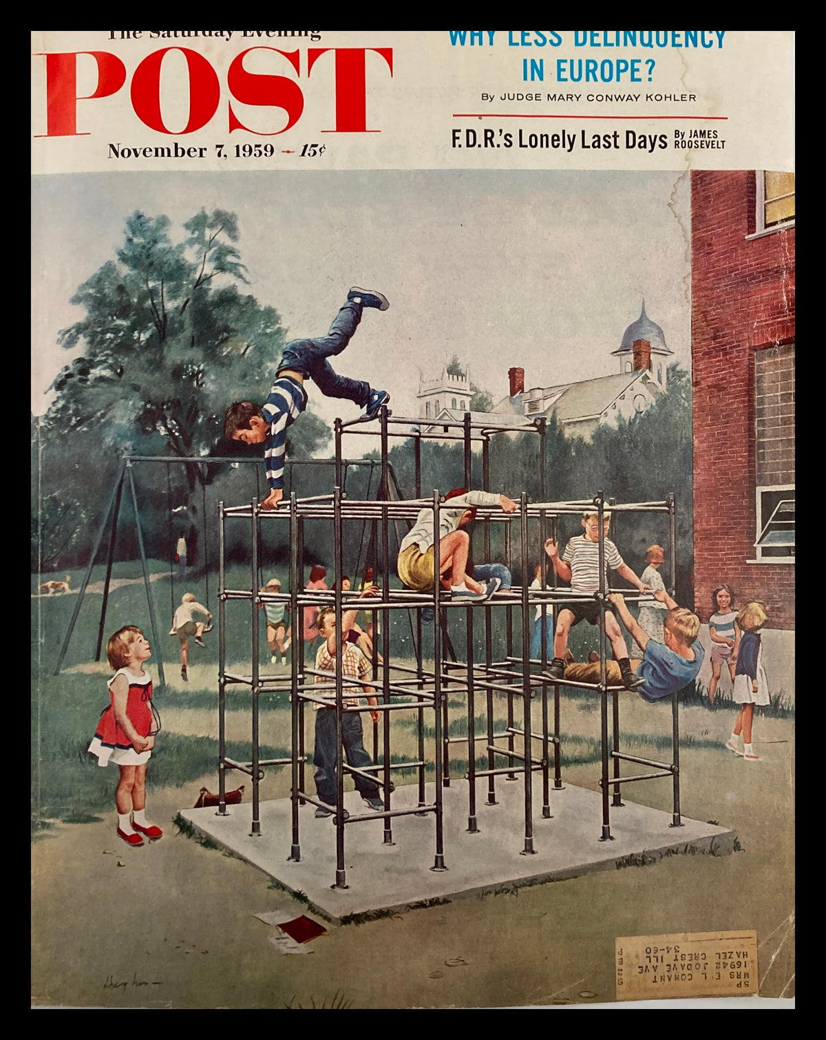 Cover of The Saturday Evening Post from November 7, 1959, featuring children playing on a jungle gym, illustrating the theme 'FDR's Lonely Last Days.' Capturing a nostalgic scene of childhood joy in a historic context.