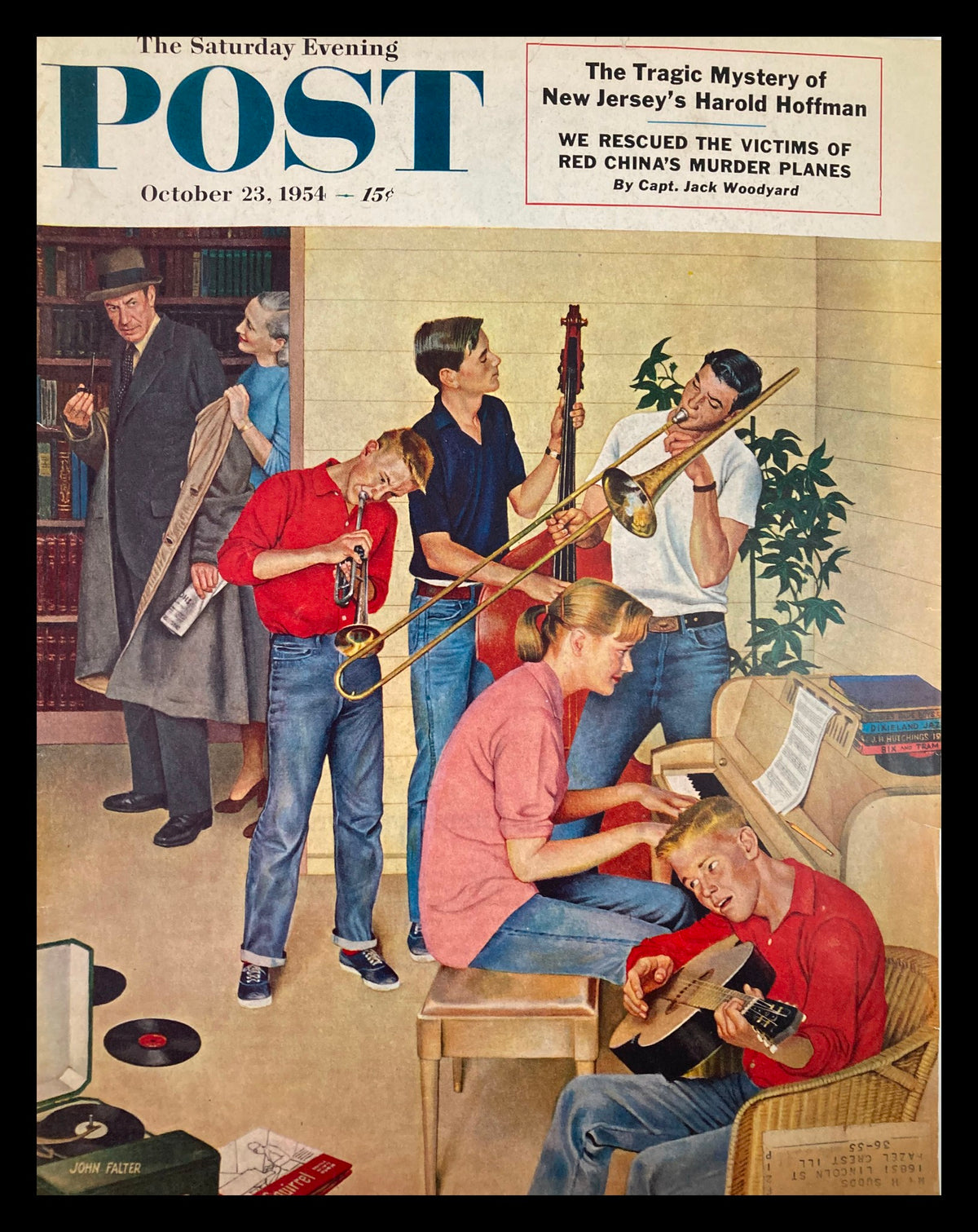The Saturday Evening Post cover from October 23, 1954, featuring New Jersey's Harold Hoffman, depicting a lively scene with musicians and vibrant characters engaging in a home music session.