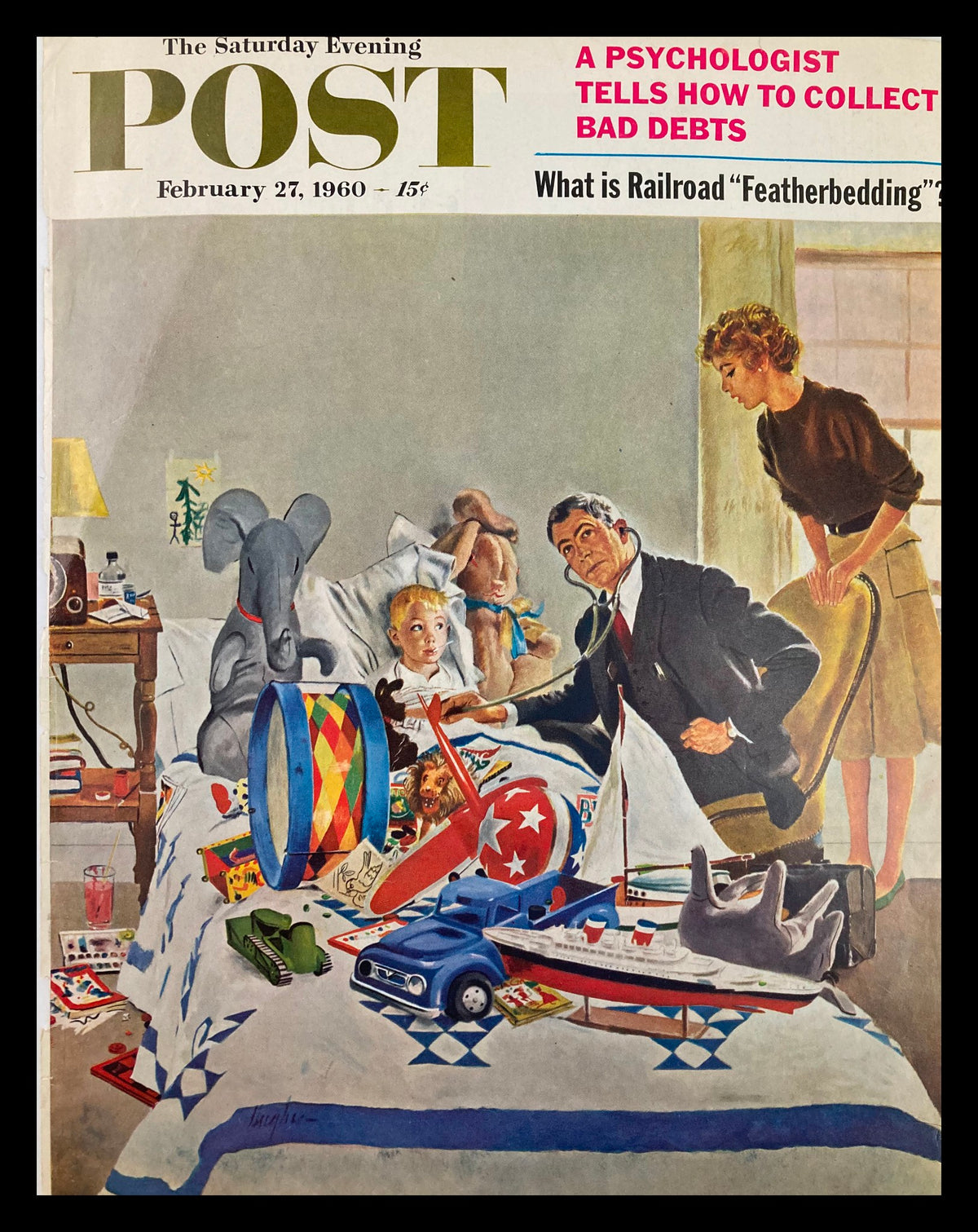 The Saturday Evening Post Cover from February 27, 1960 featuring an illustration of a boy, toys, and adults discussing in a cozy room, showcasing a vintage featherbedding theme.