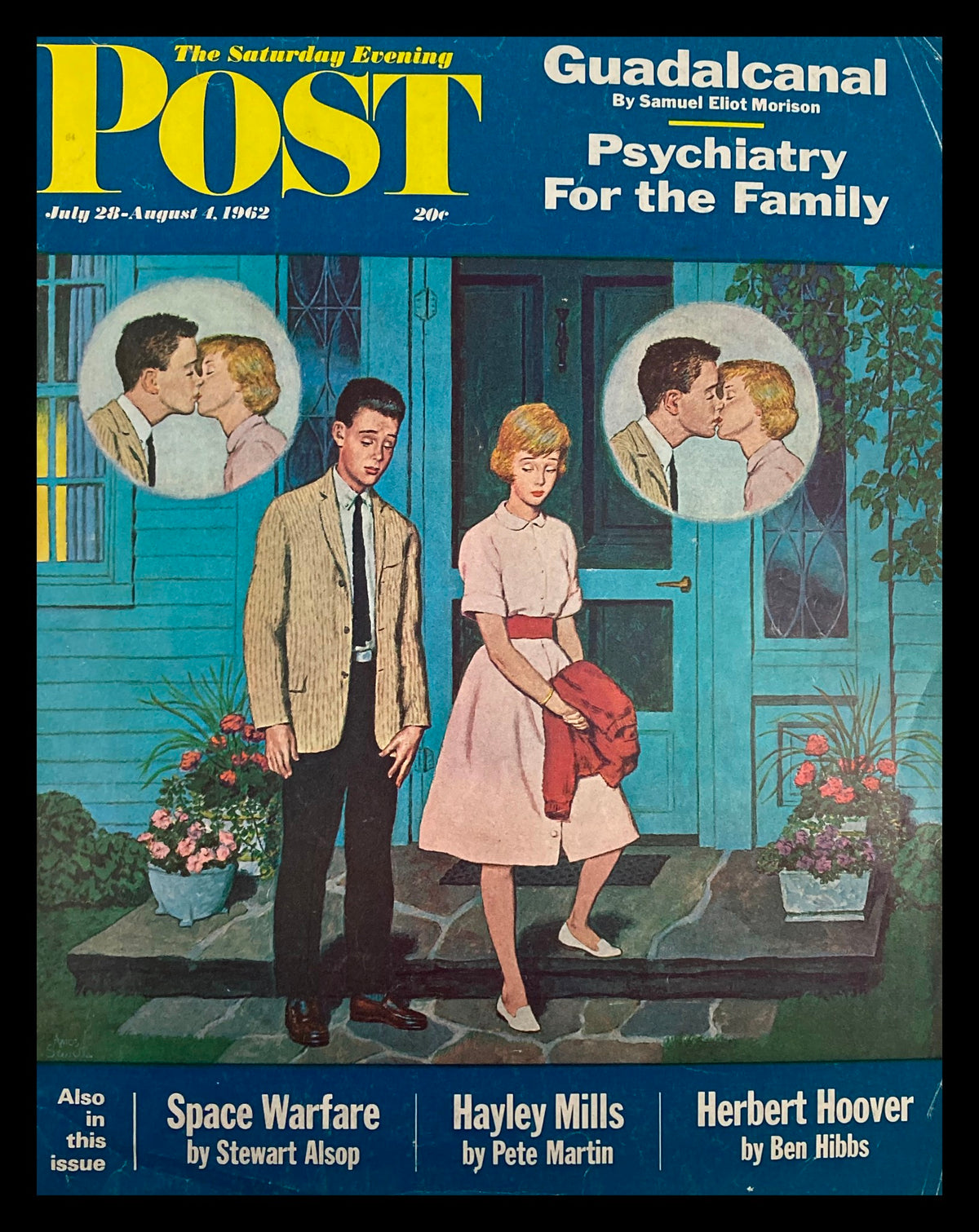 Cover of The Saturday Evening Post from July 28, 1962, featuring artwork related to Guadalcanal, showcasing a couple in front of a house, symbolizing the cultural essence of the era.