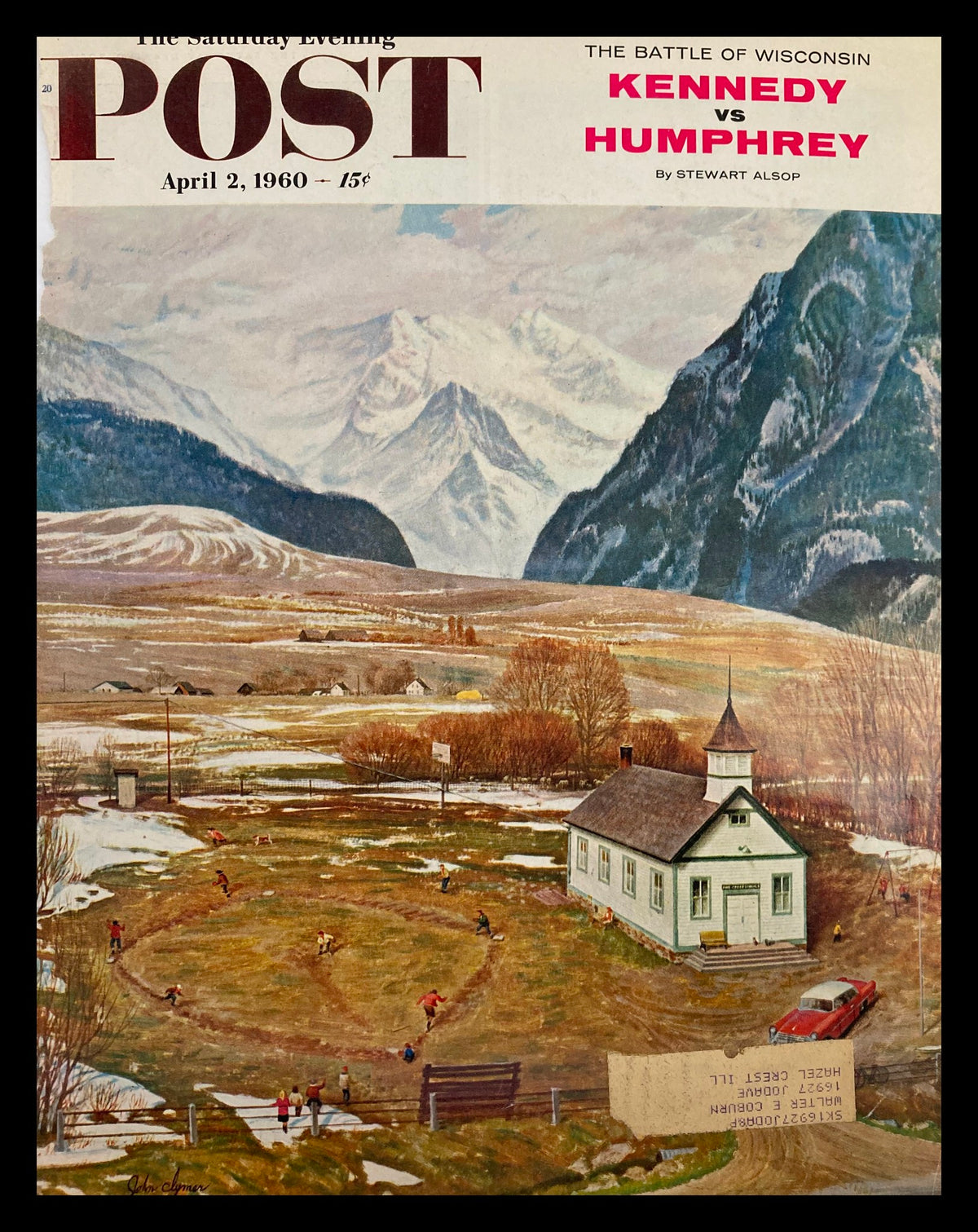 COVER ONLY The Saturday Evening Post April 2, 1960, featuring 'The Battle of Wisconsin' artwork showcasing a nostalgic scene of children playing baseball in front of a scenic mountainous backdrop.