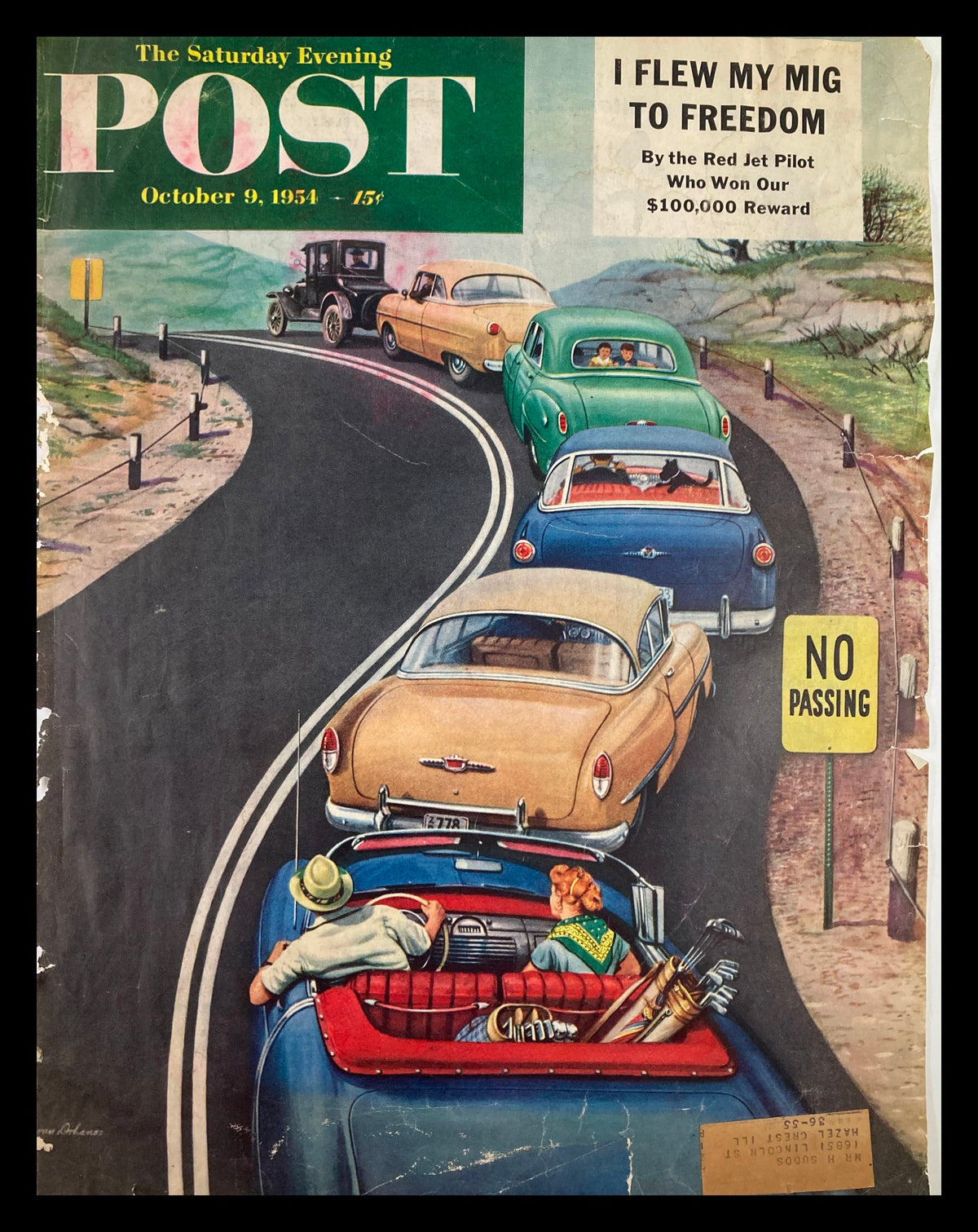 Vintage magazine cover of The Saturday Evening Post, October 9, 1954, featuring the title 'I Flew My Mig To Freedom.' The cover art depicts a scenic road with classic cars and a 'No Passing' sign.