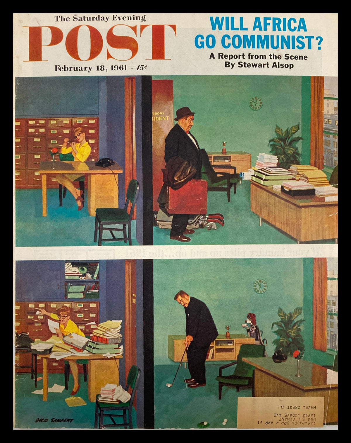 COVER ONLY The Saturday Evening Post February 18, 1961, featuring the bold question 'Will Africa Go Communist?' with vibrant illustrations depicting office scenes relevant to the era.
