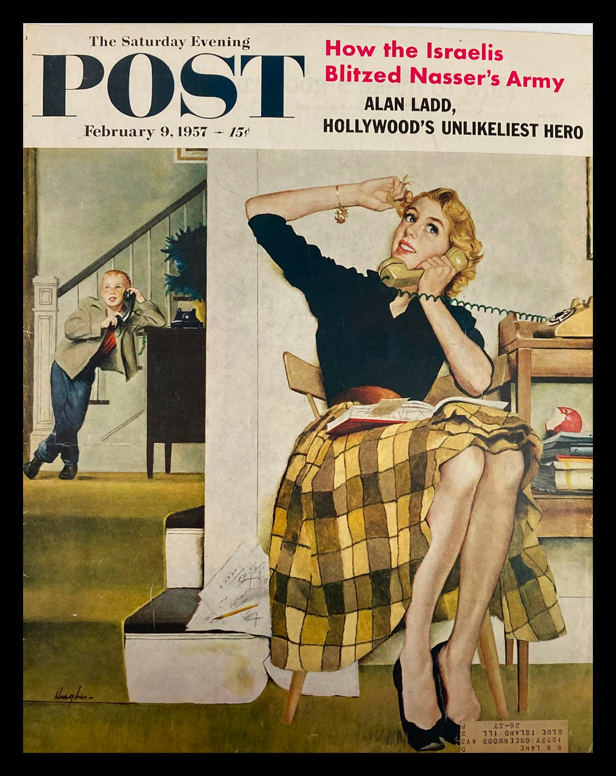 The Saturday Evening Post cover from February 9, 1957 featuring Alan Ladd, depicted as Hollywood's unlikeliest hero, illustrated with a woman on the phone and a child looking on.
