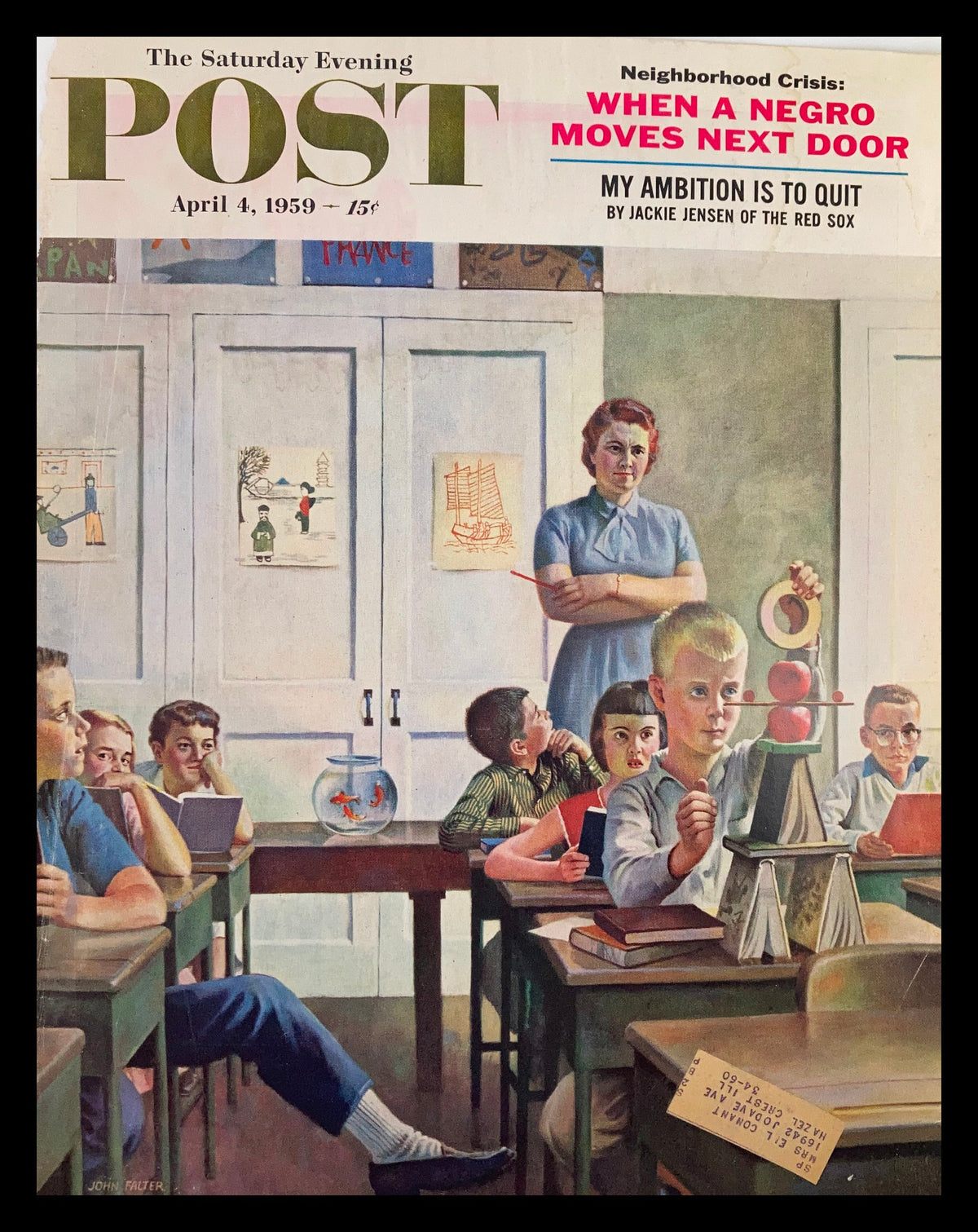 Cover of The Saturday Evening Post, April 4, 1959, featuring the title 'My Ambition Is To Quit'. The illustration shows a classroom scene with children engaged with a teacher, alongside visuals of educational props and decorations that reflect mid-century Americana.