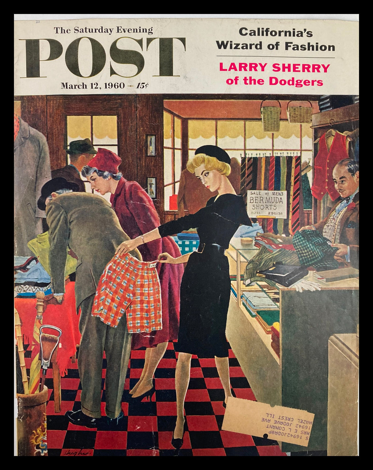 Cover of The Saturday Evening Post from March 12, 1960, featuring Larry Sherry of the Dodgers, showcasing a vintage fashion scene set in a shop with women and men engaged in clothing selection.