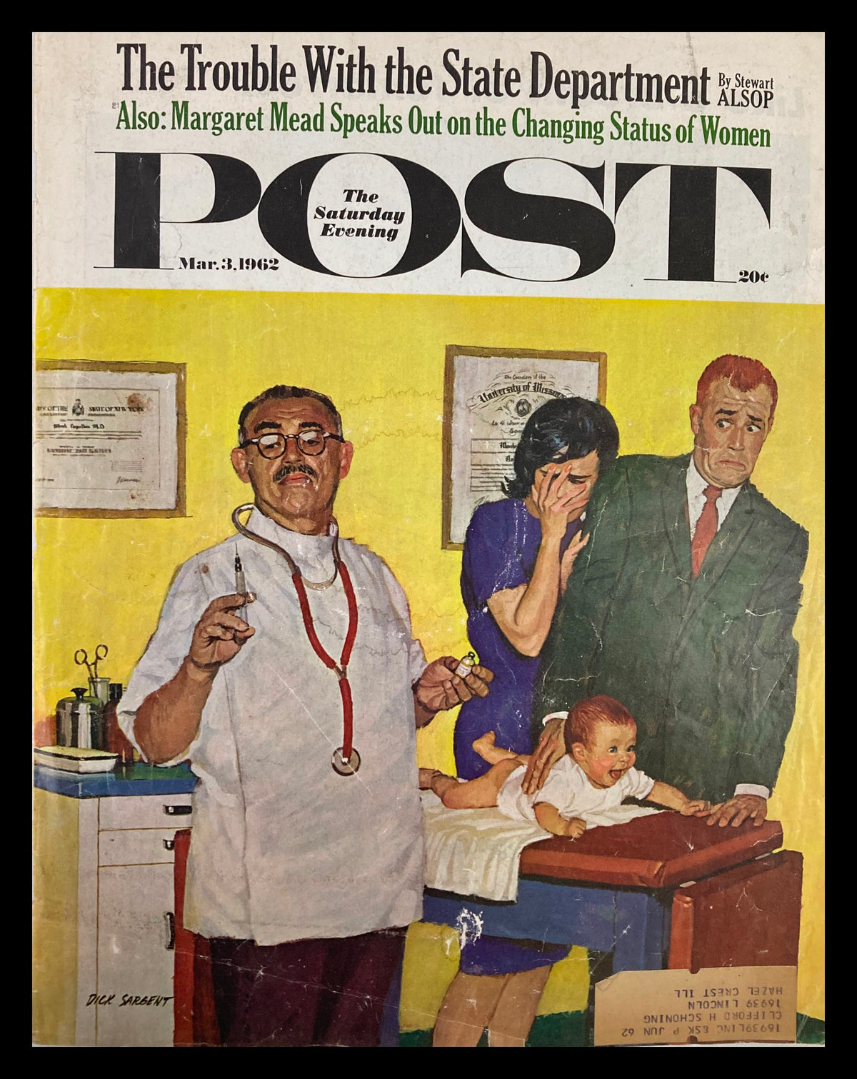 COVER ONLY The Saturday Evening Post March 3 1962 featuring a colorful illustration with a doctor, a woman holding a baby, and a concerned man, capturing the essence of Margaret Mead's commentary on societal issues.