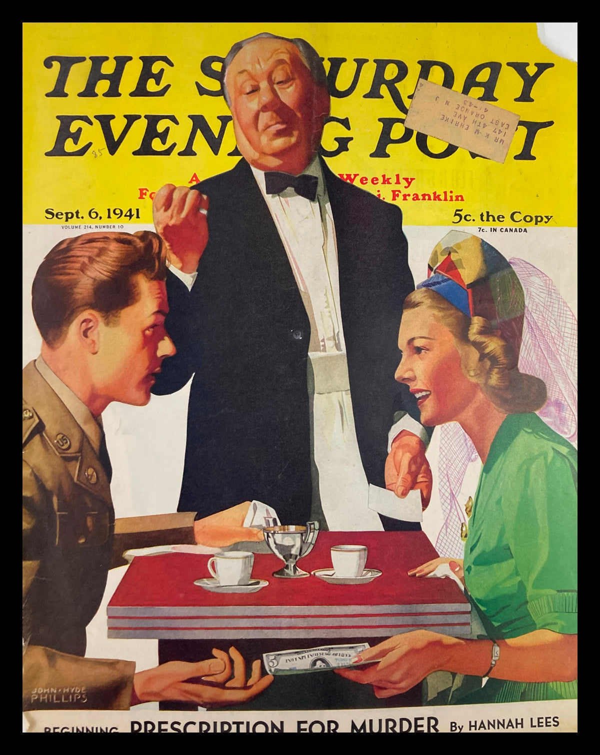 Cover of The Saturday Evening Post from September 6, 1941, featuring a dramatic scene illustrating 'Prescription for Murder' with characters engaged in a conversation over coffee, showcasing vintage art style and historical context.