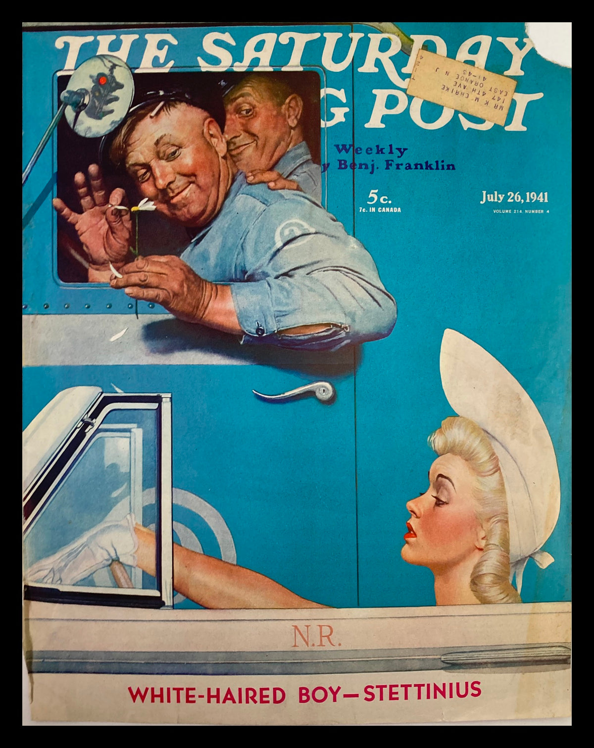 COVER ONLY The Saturday Evening Post July 26 1941 featuring an illustration of a smiling man in a car window and a woman with a white hat. The cover highlights the iconic White-Haired Boy, Stettinius, showcasing mid-20th-century American culture.