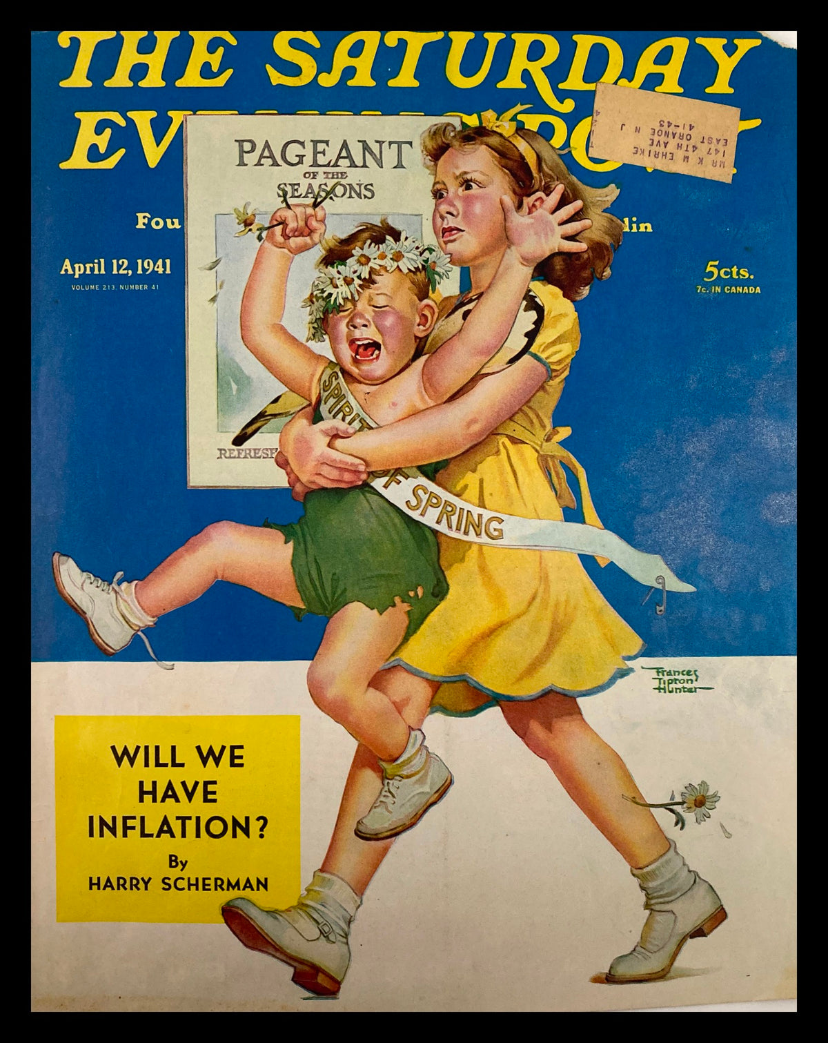 The Saturday Evening Post April 12 1941 cover featuring children participating in a spring festival with the caption 'Will We Have Inflation?' by Harry Scherman.