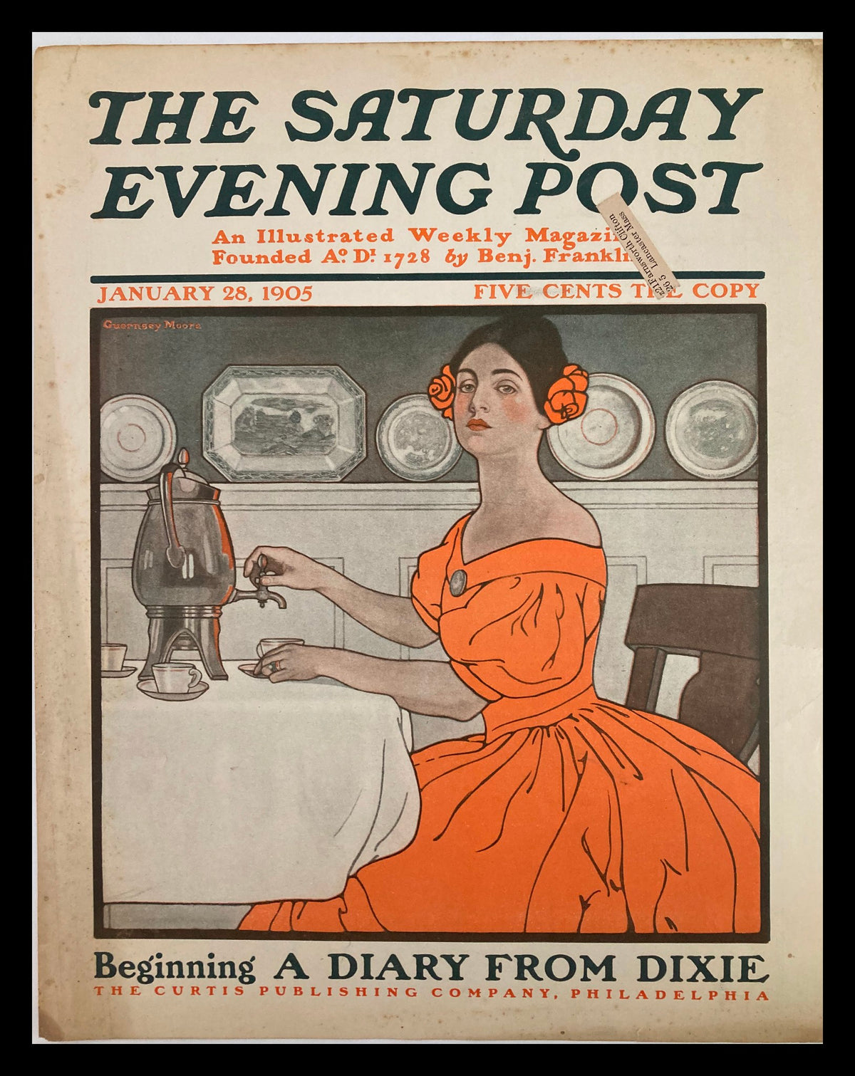 Cover of The Saturday Evening Post January 28, 1905, featuring a woman in an orange dress, showcasing the artistic design of early 20th-century publishing, titled 'A Diary From Dixie'.