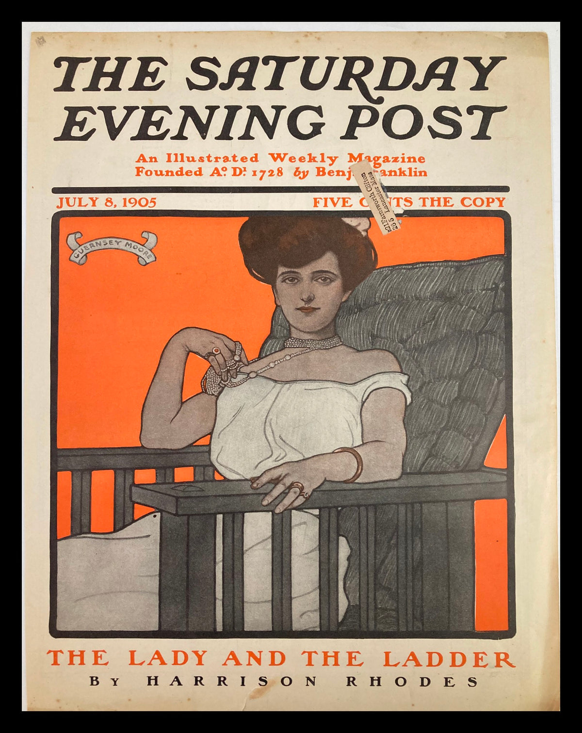 Cover of The Saturday Evening Post dated July 8, 1905, featuring the artwork titled 'The Lady and The Ladder' by Harrison Rhodes, showcasing vintage illustration and historical design.
