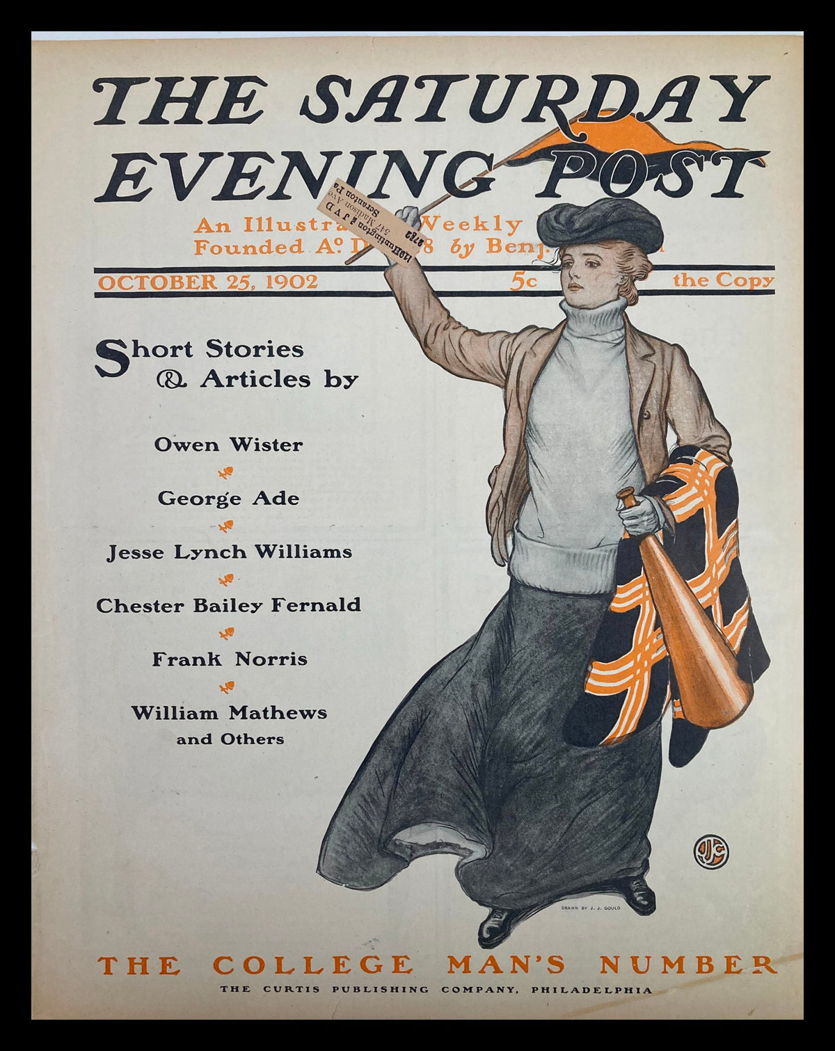 COVER ONLY The Saturday Evening Post from October 25, 1902, featuring 'The College Man's Number.' The vintage magazine cover showcases a stylish woman in period attire holding a megaphone, reflecting early 1900s academic culture.