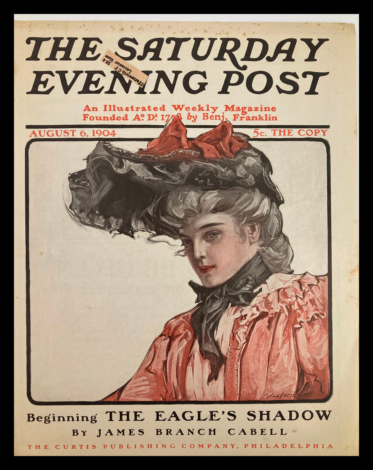 Cover of The Saturday Evening Post dated August 6, 1904 featuring the artwork 'Beginning The Eagle's Shadow' by James Branch Cabell, showcasing a woman in Victorian attire.