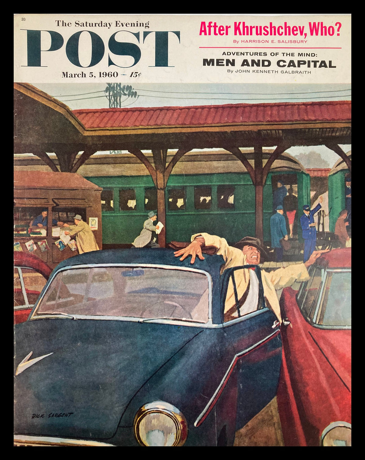 The Saturday Evening Post March 5 1960 cover featuring a colorful illustration of cars and people at a train station, showcasing a moment in vintage history.