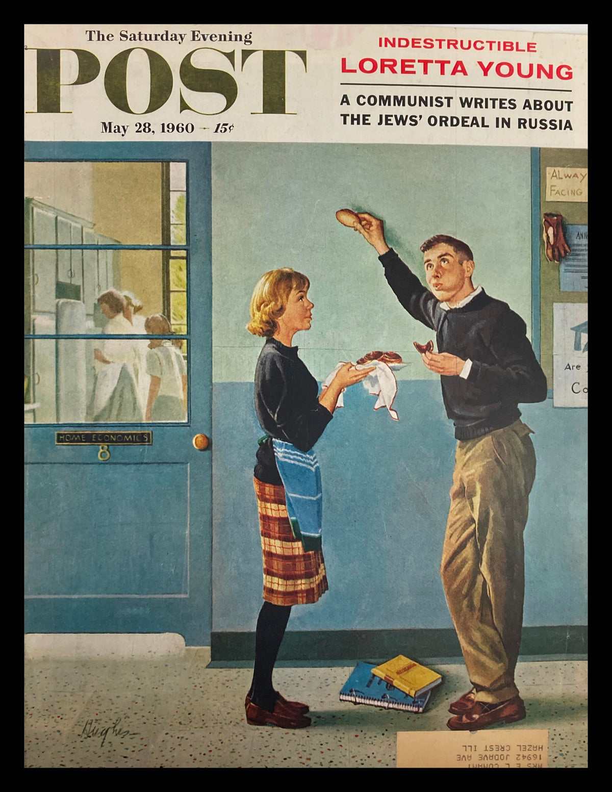 Cover of The Saturday Evening Post, May 28, 1960, featuring the stunning Loretta Young in a vintage illustration, depicting a scene in a home economics classroom.