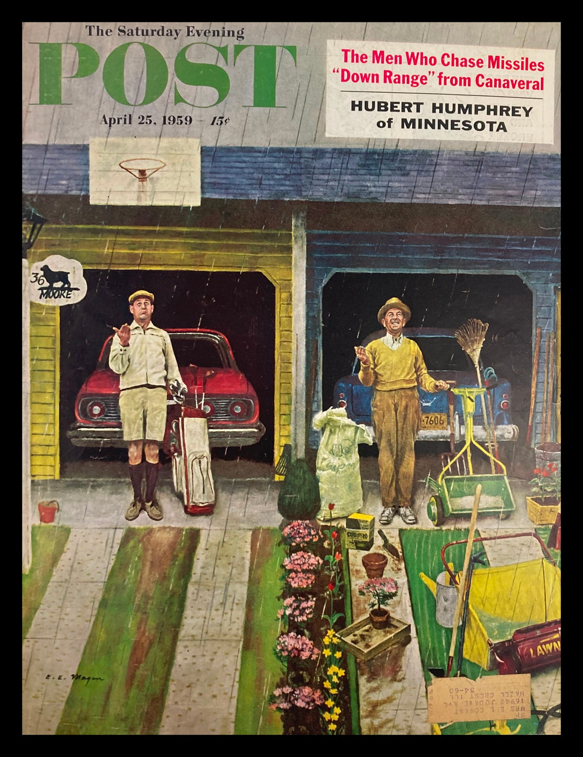 COVER ONLY The Saturday Evening Post April 25 1959 featuring Hubert Humphrey of Minnesota, showcasing a vibrant illustration in a suburban setting with characters engaged in outdoor activities amidst colorful flowers and gardening tools.