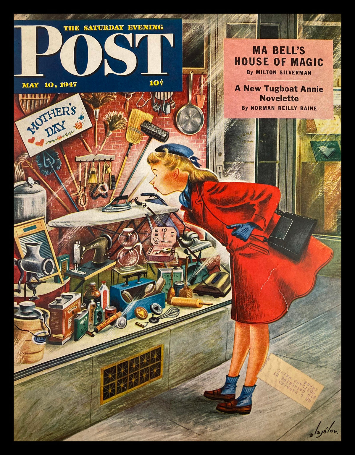 Cover of The Saturday Evening Post from May 10, 1947, featuring 'Ma Bell's House of Magic' illustration by Milton Silverman. The image depicts a woman in a red coat, observing a display filled with various vintage items, emphasizing Mother's Day.