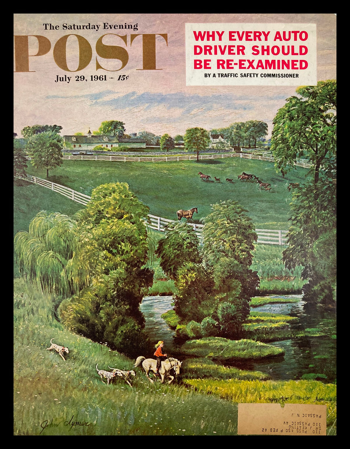COVER ONLY The Saturday Evening Post July 29 1961 featuring the artistic cover titled 'Why Every Auto Driver Should Be Re-Examined,' illustrating rural scenery with a horse and dogs in a lush landscape.