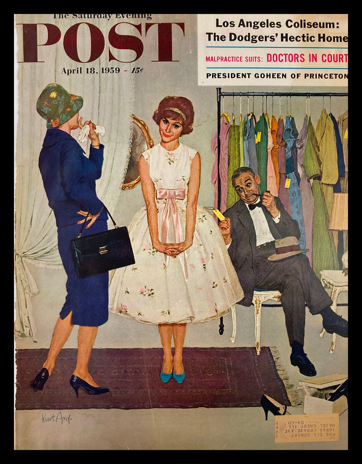 Cover of The Saturday Evening Post, April 18, 1959 featuring an illustration with President Goheen of Princeton, showcasing vintage fashion and a 1950s atmosphere.