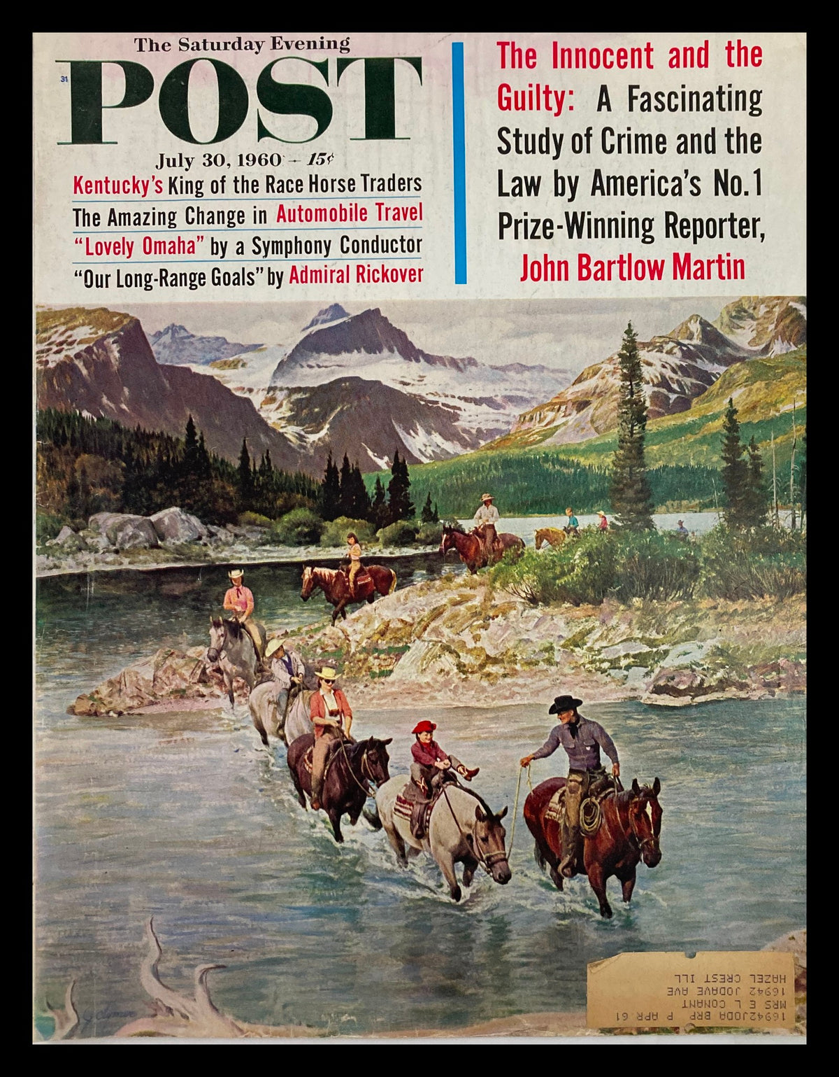 The Saturday Evening Post cover dated July 30, 1960, featuring the title 'The Innocent and The Guilty' along with a scenic illustration of horseback riders in a river surrounded by mountains.