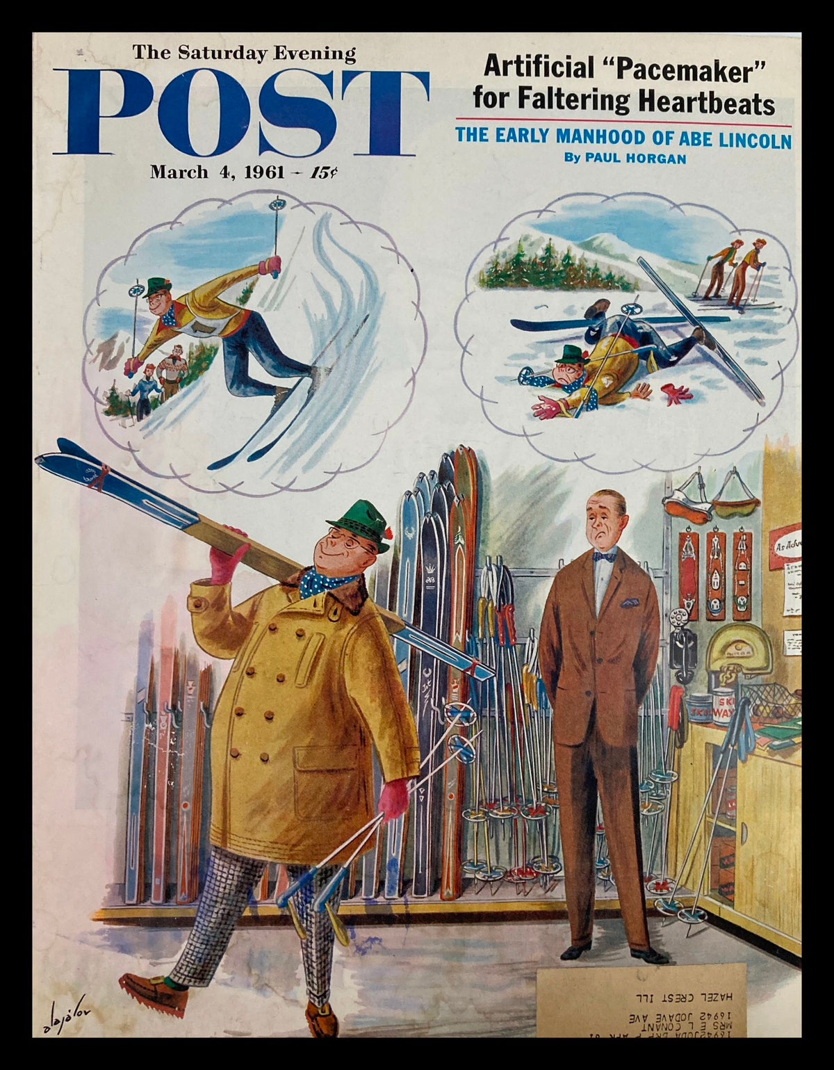 Cover art of The Saturday Evening Post, dated March 4, 1961, featuring the theme 'The Early Manhood of Abe Lincoln.' Depicts a whimsical winter sports scene with a skier and skiers in thought bubbles, highlighting the magazine's historical appeal.