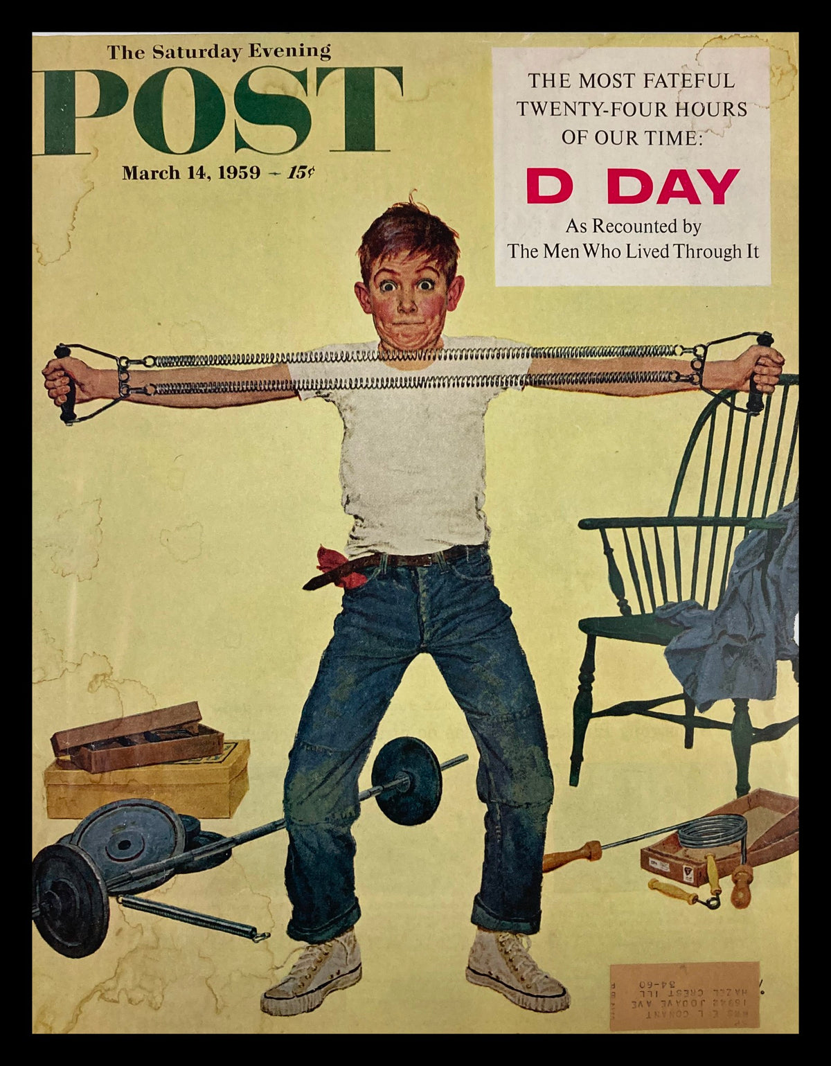 Cover of The Saturday Evening Post from March 14, 1959, featuring a young boy humorously lifting weights, representing D Day as Recounted.