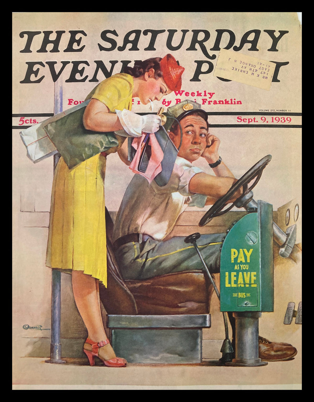 Cover of The Saturday Evening Post, September 9, 1939, featuring a colorful vintage illustration showcasing a bus driver and a woman with shopping bags, embodying the essence of late 1930s Americana.