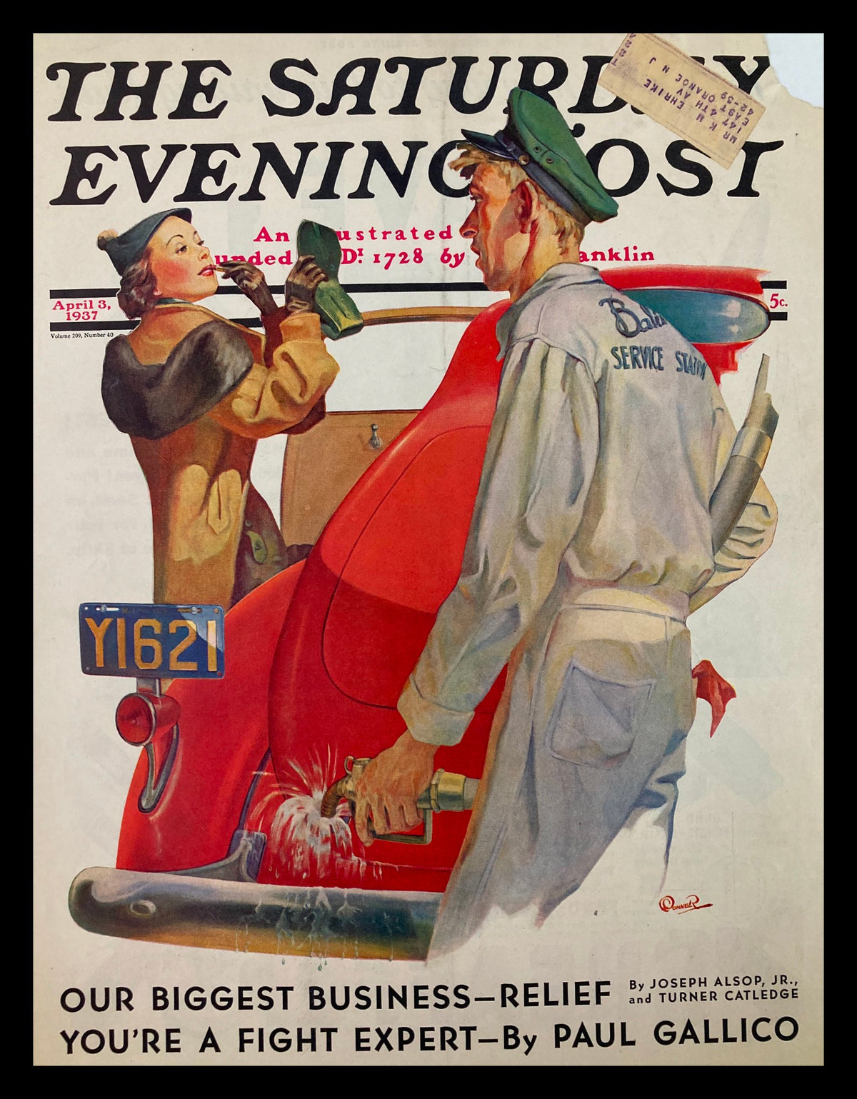 COVER ONLY The Saturday Evening Post April 3 1937 You're A Fight Expert featuring a woman interacting with a service station attendant beside a vintage car, showcasing the magazine's historical design.