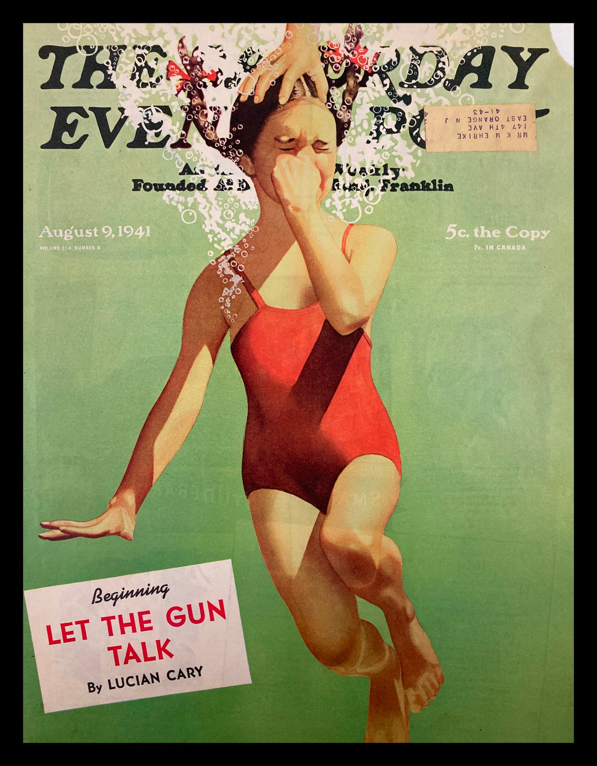 Cover from The Saturday Evening Post, August 9, 1941, titled 'Let The Gun Talk,' featuring a girl in a red swimsuit splashing water, a vintage magazine illustration.
