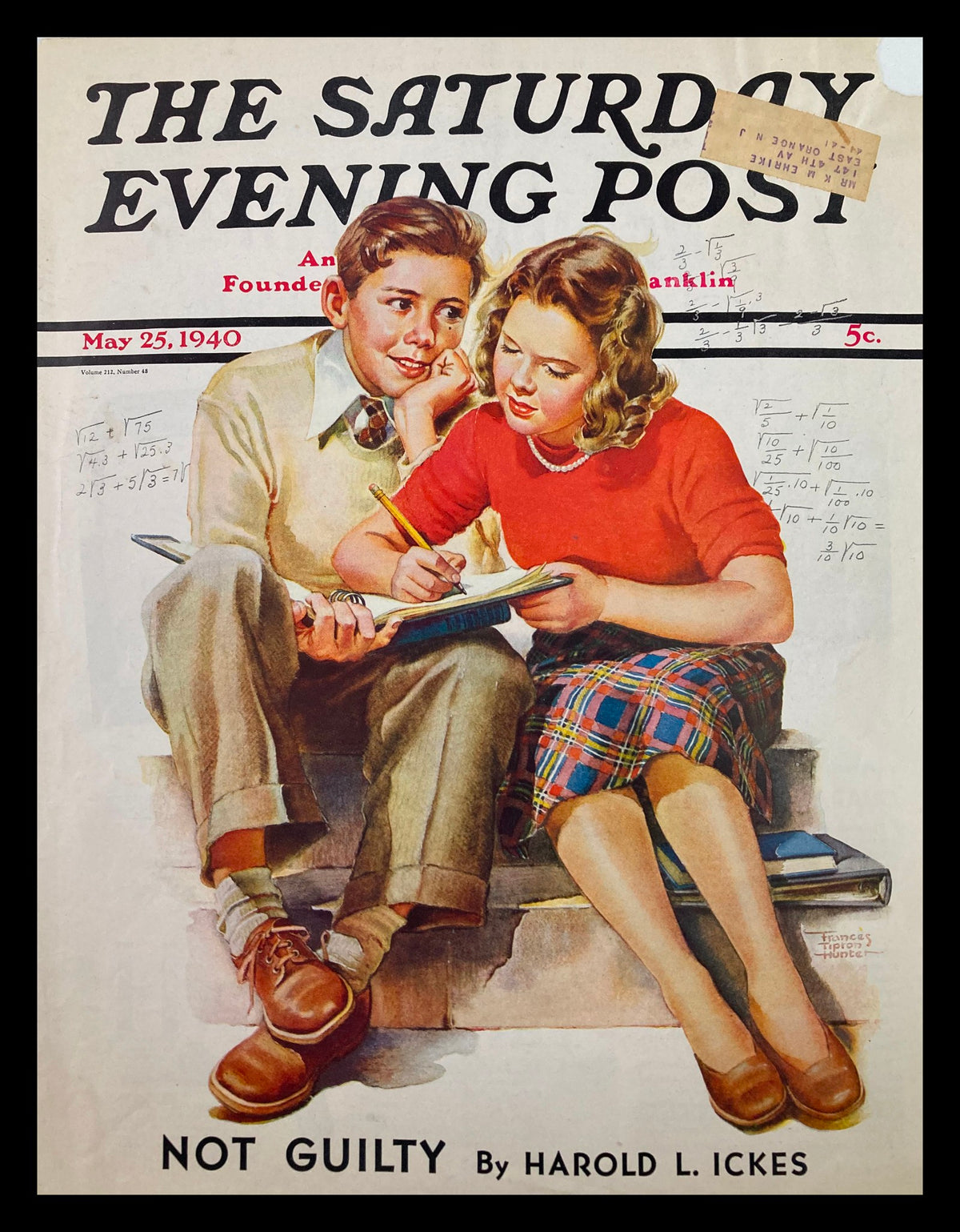 Cover of The Saturday Evening Post, May 25, 1940, featuring the artwork 'Not Guilty' by Harold L. Ickes, depicting two children studying together.