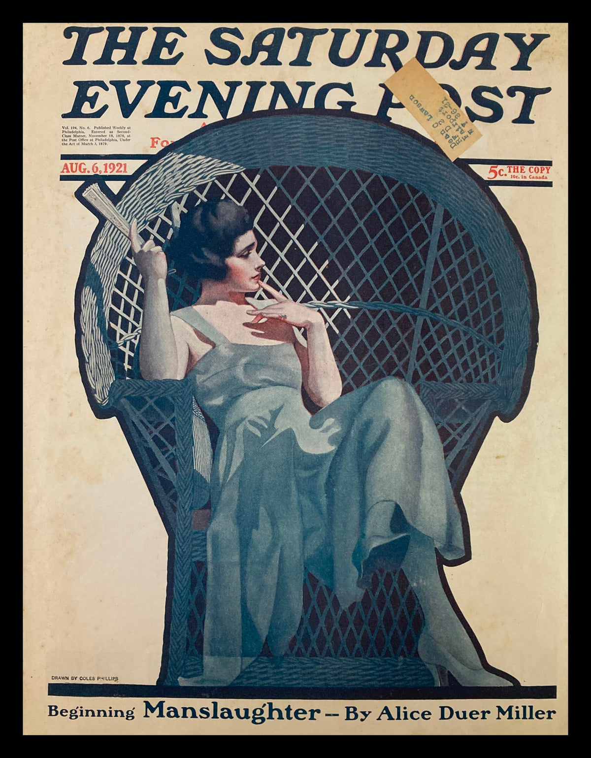 Cover of The Saturday Evening Post dated August 6, 1921, featuring a woman in a stylish chair, with the title 'Beginning Manslaughter - By Alice Duer Miller' prominently displayed.