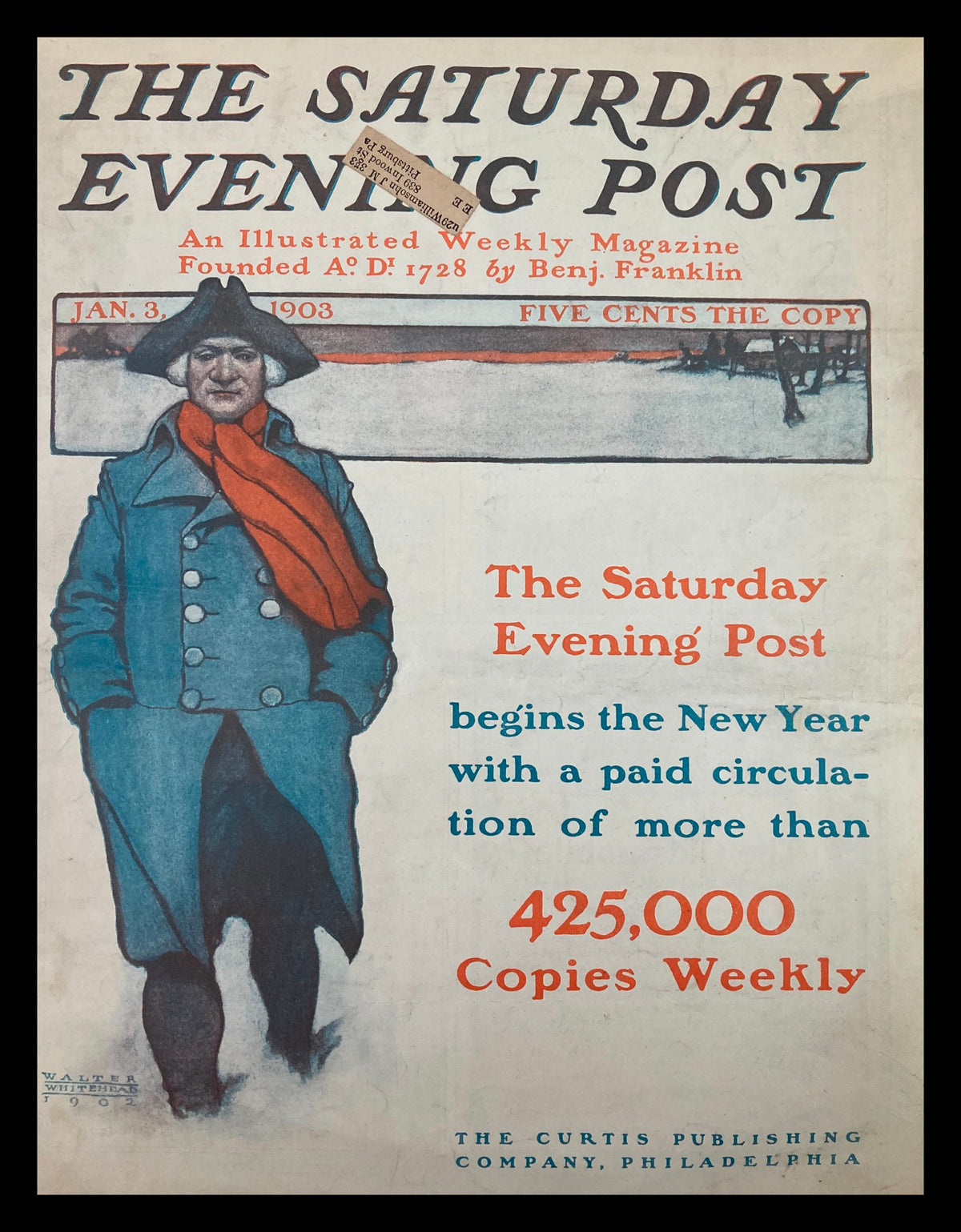 The Saturday Evening Post Cover from January 3, 1903, featuring a man in a blue coat and red scarf, highlighting the magazine's historical significance and a paid circulation of 425,000 copies weekly.