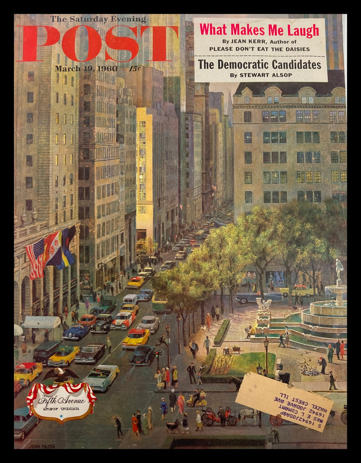 Cover of The Saturday Evening Post from March 19, 1960, featuring The Democratic Candidates, showcasing a bustling Fifth Avenue scene with vintage cars, pedestrians, and notable architectural elements.