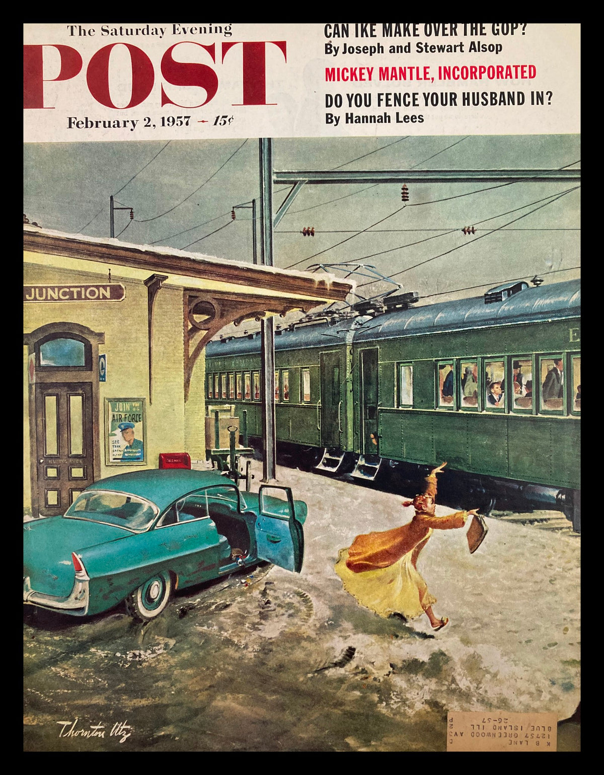 COVER ONLY The Saturday Evening Post February 2, 1957, featuring a vintage illustration of a woman in a snowy scene hailing a classic car at a train station, highlighting the nostalgia of mid-20th century American culture.
