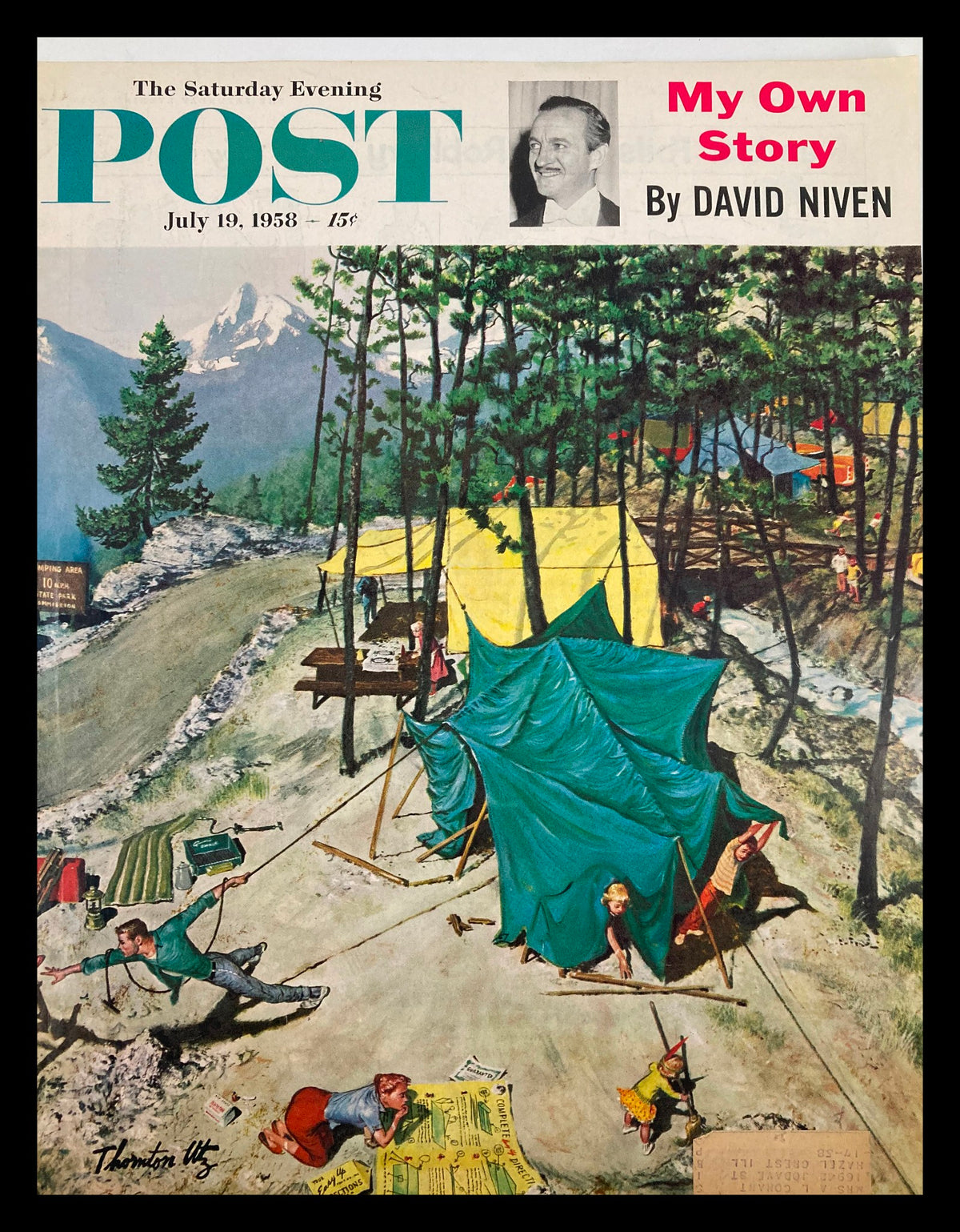 Cover of The Saturday Evening Post from July 19, 1958, featuring David Niven's memoir 'My Own Story'. The illustration depicts a camping scene with children and adults engaging in various activities, showcasing vintage artwork.