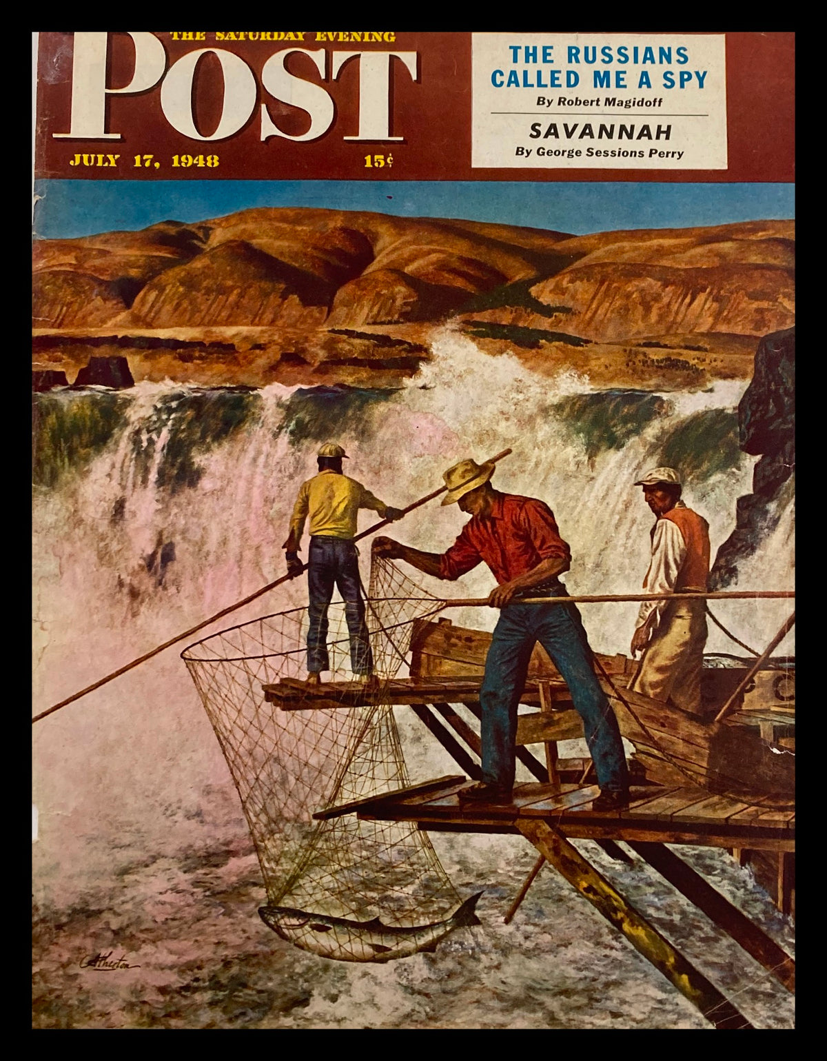 Cover of The Saturday Evening Post dated July 17, 1948, featuring the title 'The Russians Called Me A Spy' with a vivid illustration of fishermen by a waterfall.
