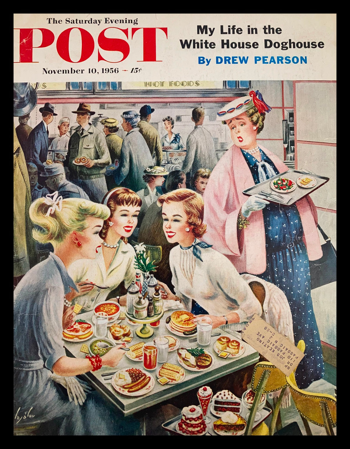 Cover of The Saturday Evening Post from November 10, 1956, titled 'My Life in the White House Doghouse' by Drew Pearson, depicting four women dining at a table filled with various foods in a lively restaurant scene.