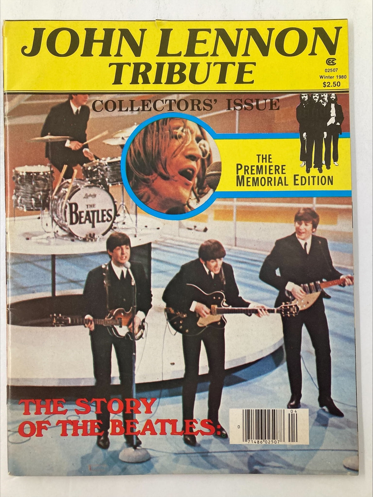 Cover of the Winter 1980 John Lennon Tribute Premiere Memorial Edition magazine featuring The Beatles, showcasing iconic imagery and tribute details.