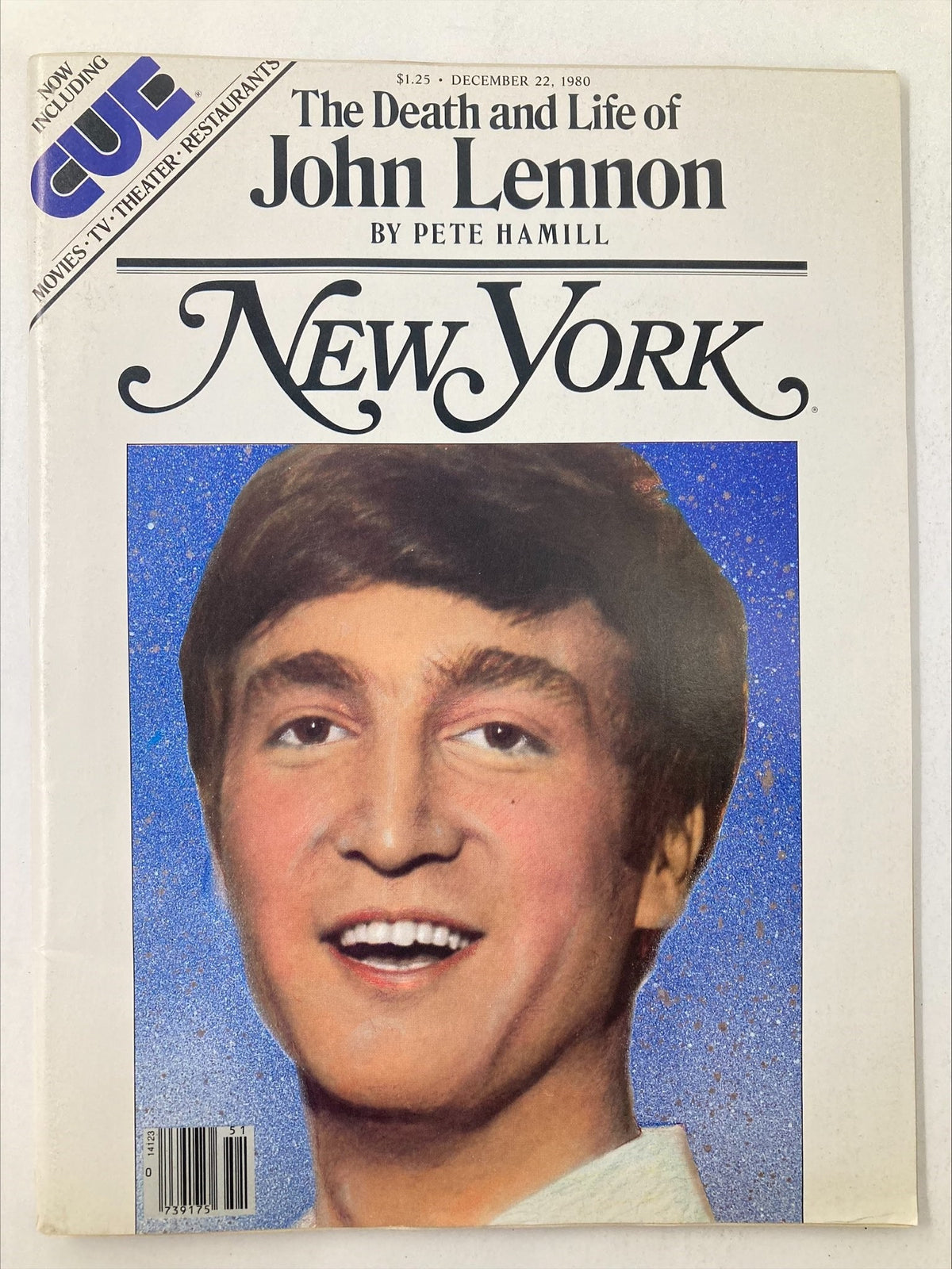 Cover of the VTG New York Magazine December 22, 1980, Vol 13 #50 featuring 'The Death and Life of John Lennon' by Pete Hamill, showcasing a portrait of John Lennon against a vibrant blue background.