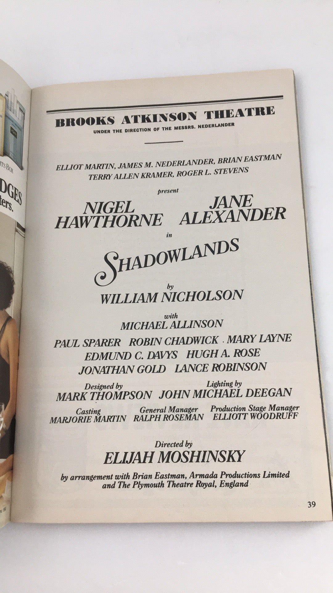 Cast page for 'Shadowlands' in the 1990 Playbill featuring Nigel Hawthorne and Jane Alexander at Brooks Atkinson Theatre.
