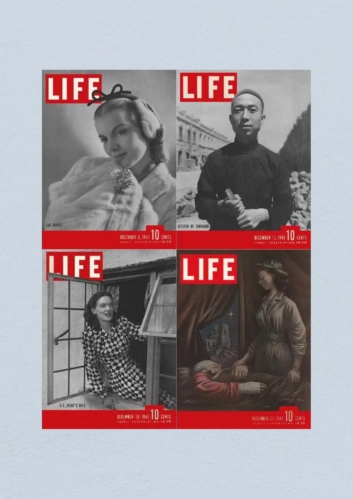 Cover of Life Magazine December 27, 1943 illustrating a touching scene, included in a lot of 4 full issues from December 1943, WWII era.
