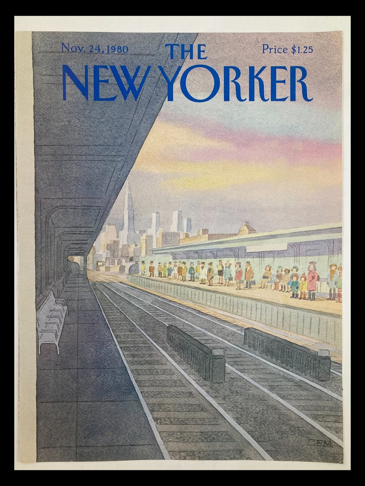 Cover of The New Yorker November 24, 1980, featuring an illustration of a train station by Charles E. Martin, capturing urban life with a pastel color palette.