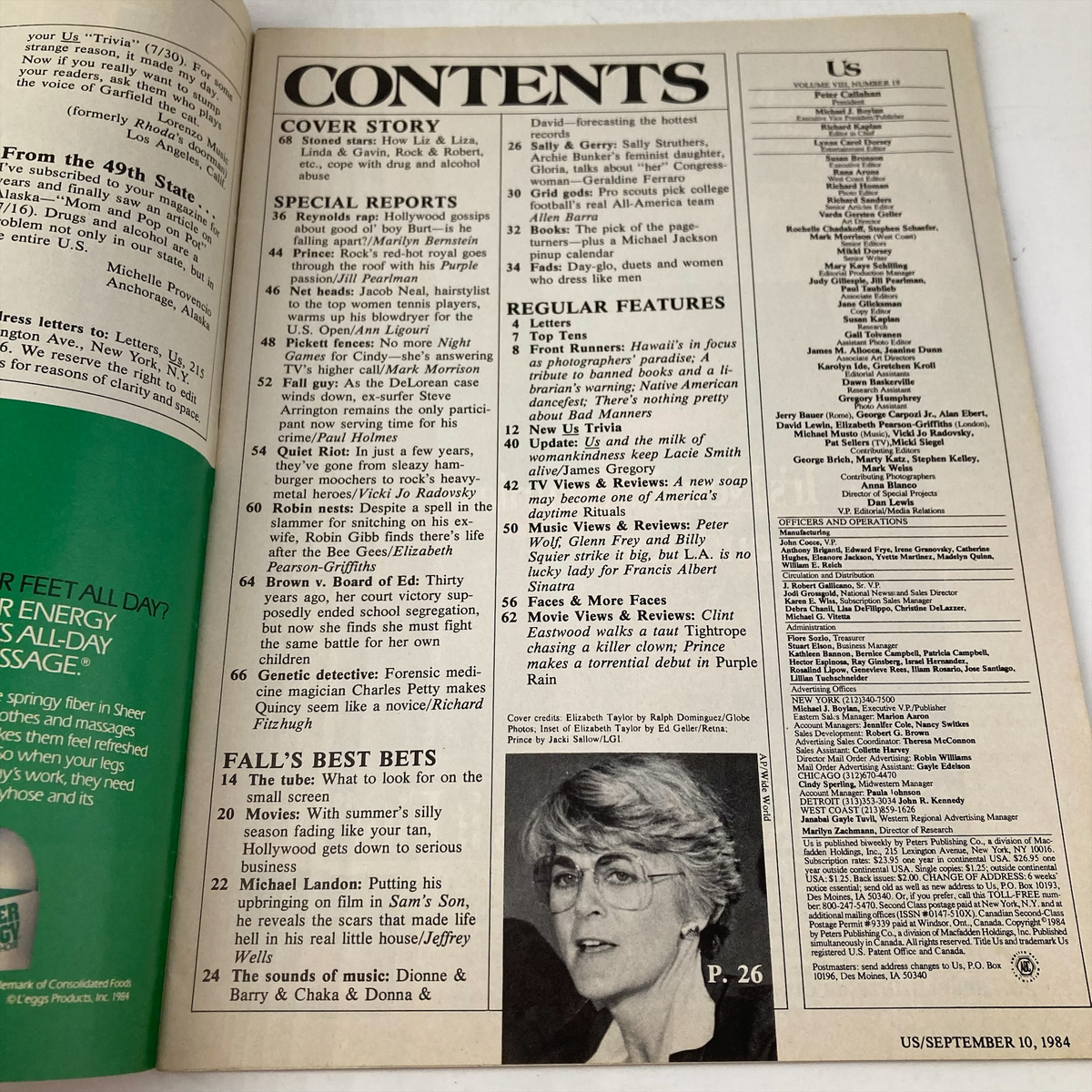 Contents page of VTG US Magazine September 10 1984, detailing features and articles, including reports on Hollywood, pop culture, and entertainment highlights of the era.