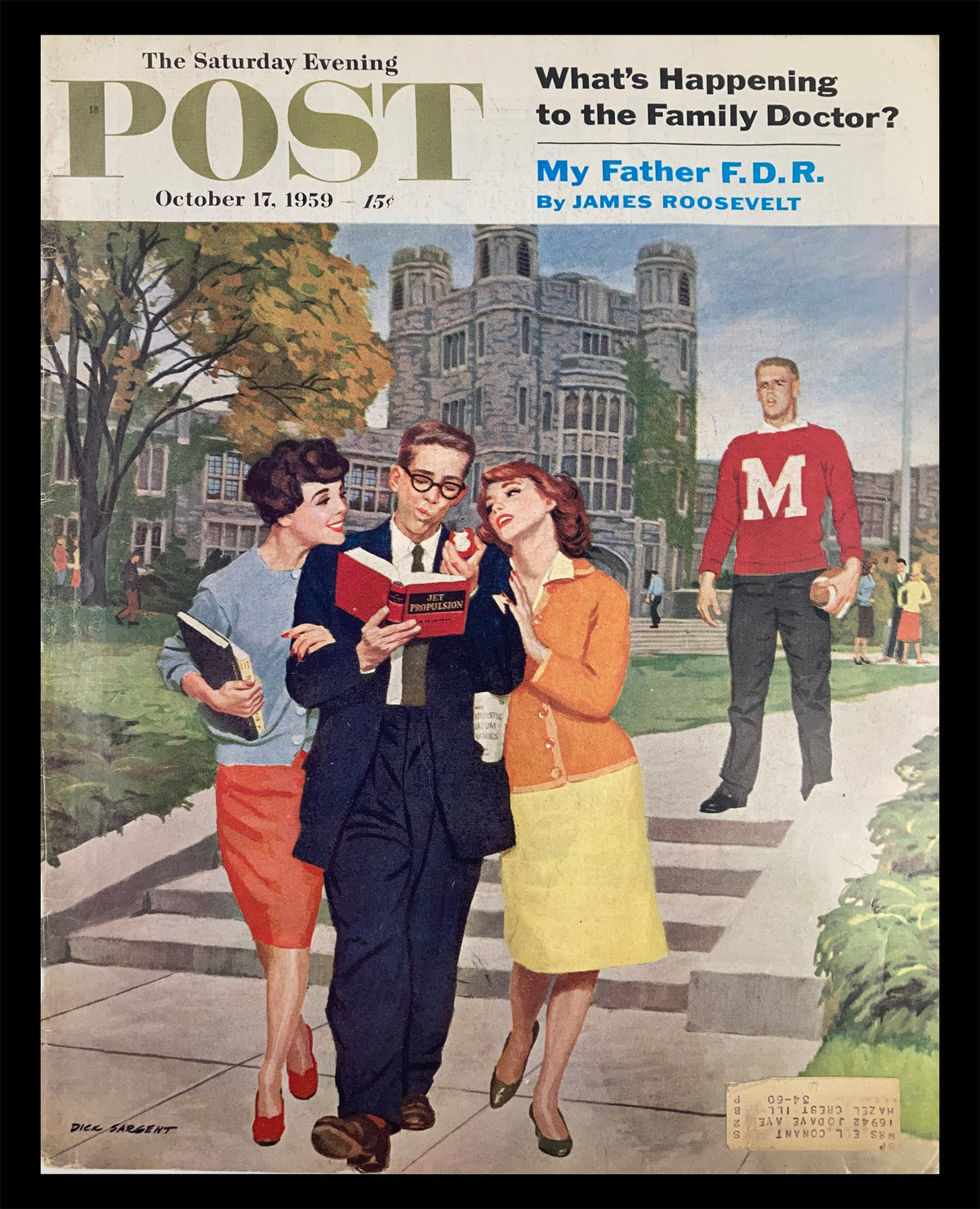 Cover of The Saturday Evening Post dated October 17, 1959, featuring a vibrant illustration of students enjoying campus life with a focus on My Father F.D.R., by James Roosevelt.