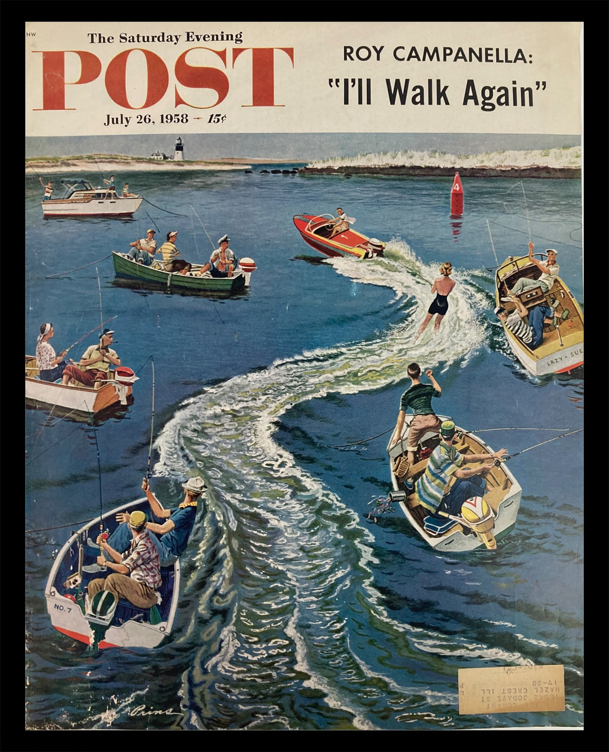 Vintage cover of The Saturday Evening Post from July 26, 1958, featuring Roy Campanella titled "I'll Walk Again". The cover depicts a lively water scene with multiple boats and people enjoying fishing and waterskiing.