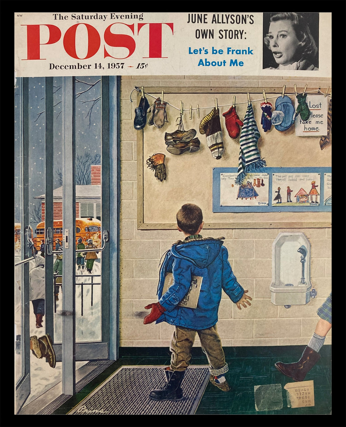 The Saturday Evening Post Cover from December 14, 1957, featuring a nostalgic winter scene with a young boy in a blue jacket, looking at a display of lost items, embodying themes of childhood and holiday spirit.