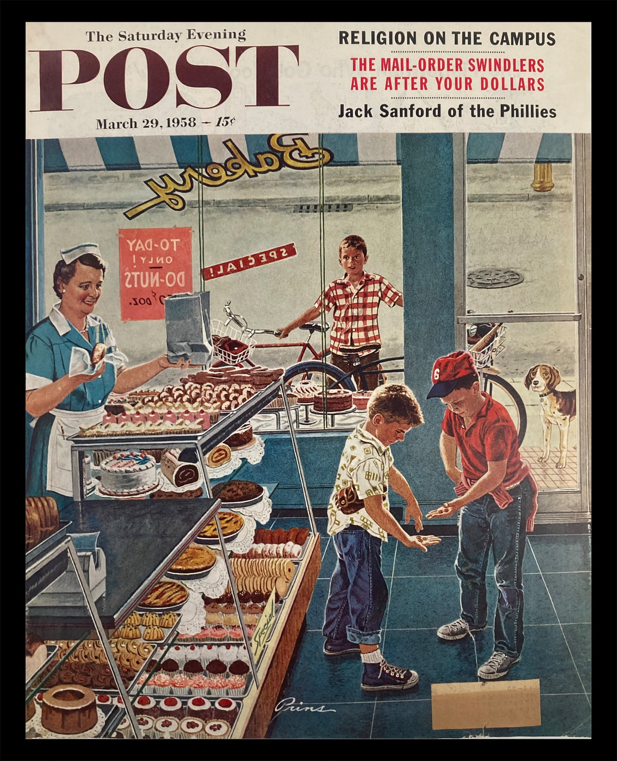 Cover of The Saturday Evening Post March 29 1958 featuring Jack Sanford of the Phillies, showcasing a vintage bakery scene with children and a saleswoman surrounded by desserts.